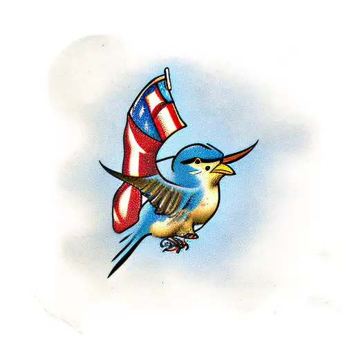 Flying wren holding flag in beak with letters "MMXXI" printed on the flag tattoo design idea