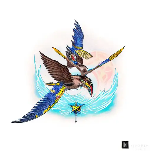 Wren flying in front of a banner with "MMXXI" printed on it tattoo design idea