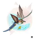 Wren flying in front of a banner with "MMXXI" printed on it tattoo design idea