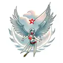 Wren flying in front of a banner with "MMXXI" printed on it tattoo design idea