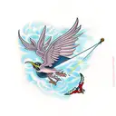 Wren flying in front of a banner with "MMXXI" printed on it tattoo design idea