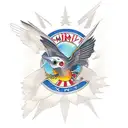 Wren flying in front of a banner with "MMXXI" printed on it tattoo design idea