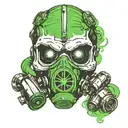 skull with biohazard symbol on a gas mask in green with toxic gas around the skull tattoo design idea