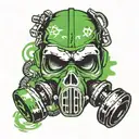 skull with biohazard symbol on a gas mask in green with toxic gas around the skull tattoo design idea