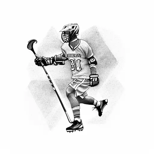 Design a tattoo of a lacrosse player scoring a goal with a sunset in the background tattoo design idea