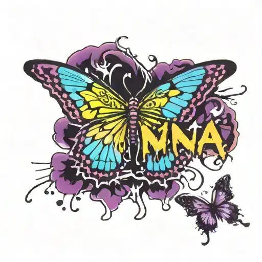 the word nana with butterfly landing on it tattoo design idea