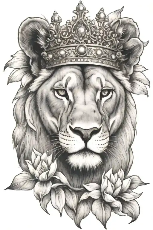 lioness wearing a crown surrounded  by magnolia flowers tattoo design idea