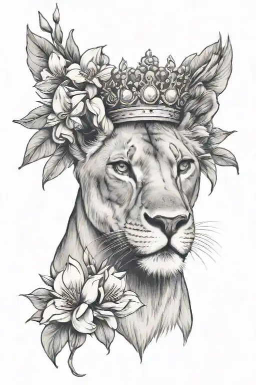 lioness wearing a crown surrounded by magnolia flowers tattoo design idea