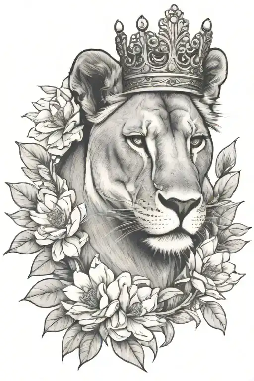 lioness wearing a crown surrounded  by large magnolia flowers tattoo design idea