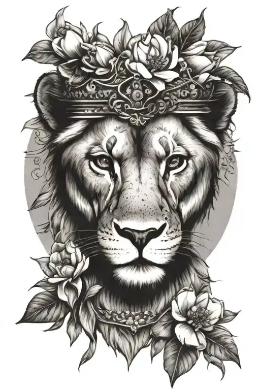 lioness wearing a crown surrounded  by magnolia flowers tattoo design idea