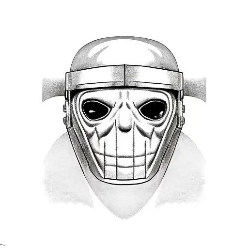 black and white portrait-style tattoo of Michael Myers wearing the vintage 1930s goalie helmet with the Toronto Maple Le tattoo design idea