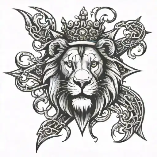 cross with a lion wearing a crown of thorns intertwined tattoo design idea