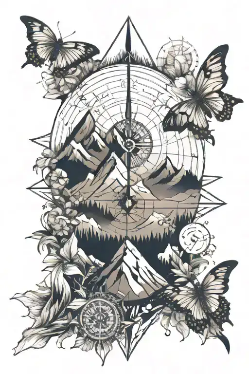mountain , compass, wind, butterflies, bird, sunrise, stars tattoo design idea