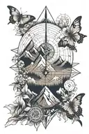 mountain , compass, wind, butterflies, bird, sunrise, stars tattoo design idea