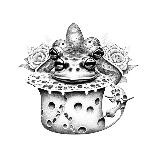 A dotwork tattoo of a frog perched on a toadstool surrounded by flowers tattoo design idea