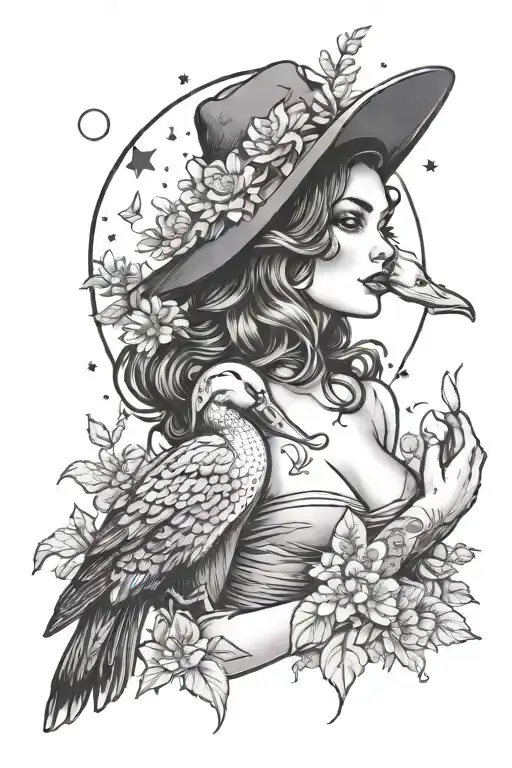 witchy pin up girl holding a duck moon behind wild flowers  tattoo design idea