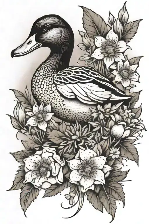 duck with burning sage bundle and crystals and wild flowers tattoo design idea