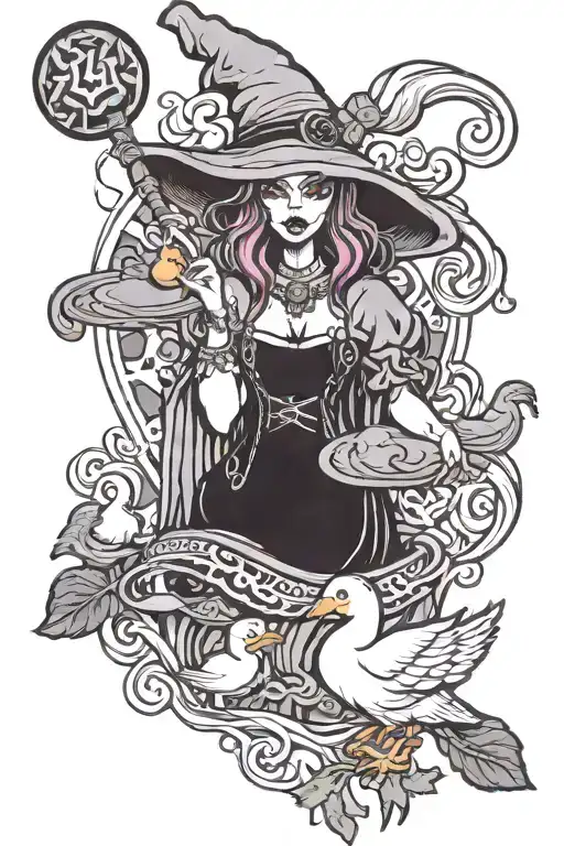 juggalo witch casting spells holding a duck  tattoo design idea