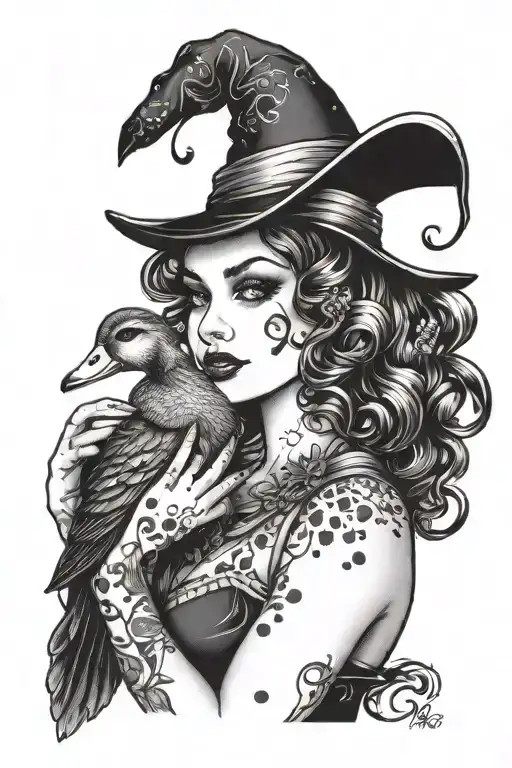 witchy pin up holding a duck  tattoo design idea