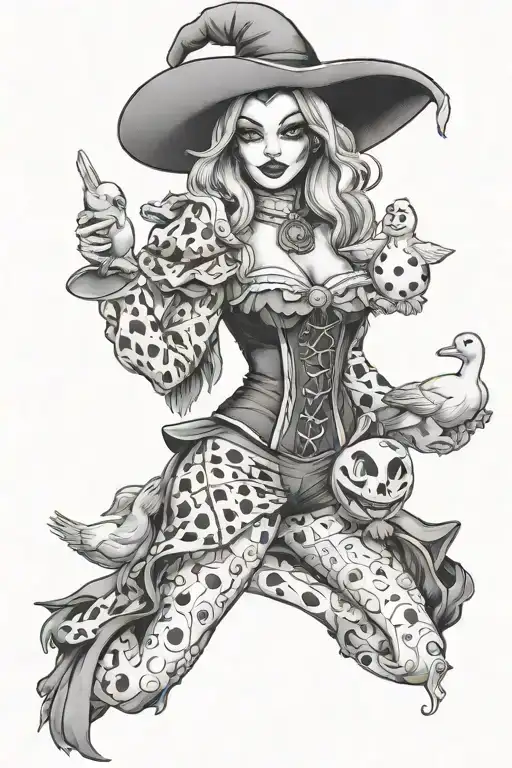 sexy witch with clown makeup casting spells holding a duck  tattoo design idea