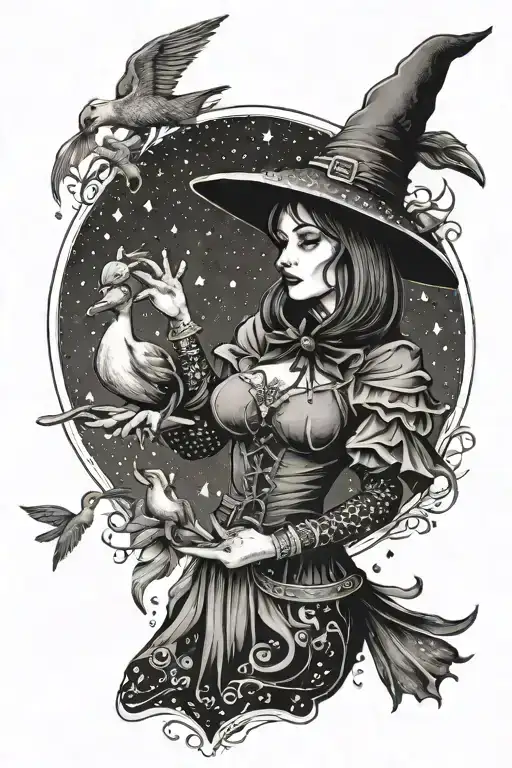 witch casting spells with a duck  tattoo design idea