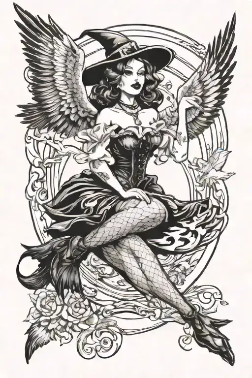 witchy pin up girl holdi g a duck flying tattoo design idea