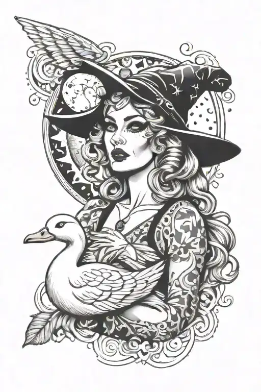 witchy pin up holding a duck moon surrounded tattoo design idea