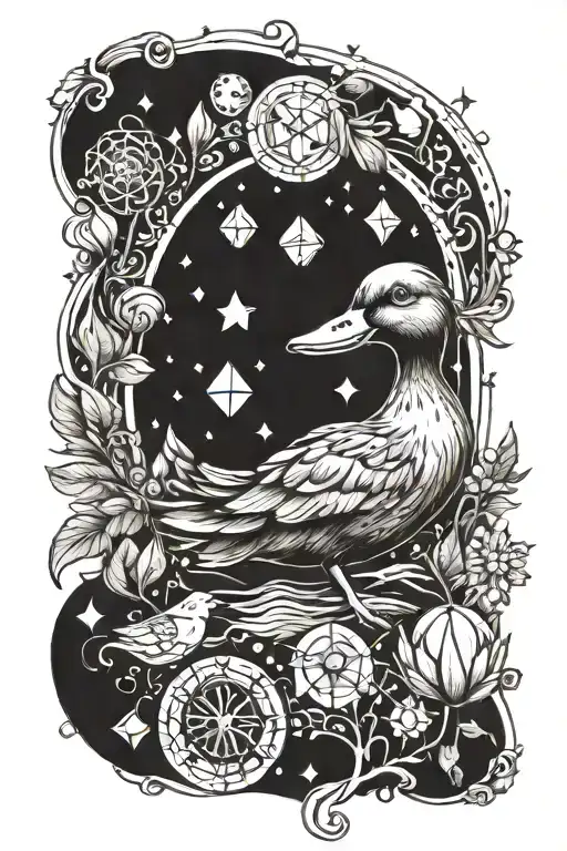 A whimsical tattoo of a duckling surrounded by colorful crystals and tarot symbols tattoo design idea