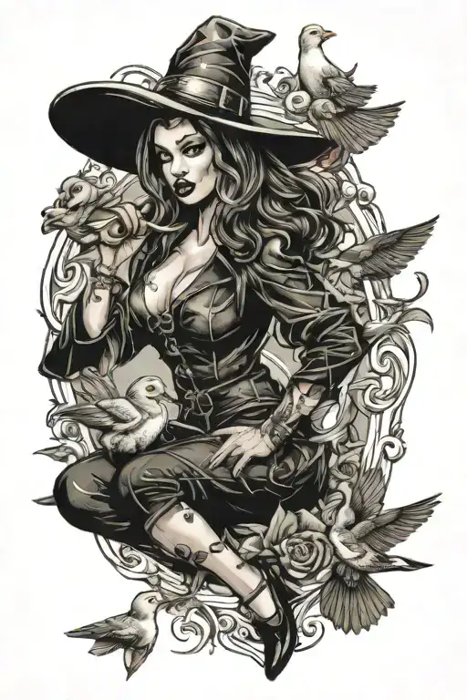 witchy pin up girl holding a duck flying tattoo design idea