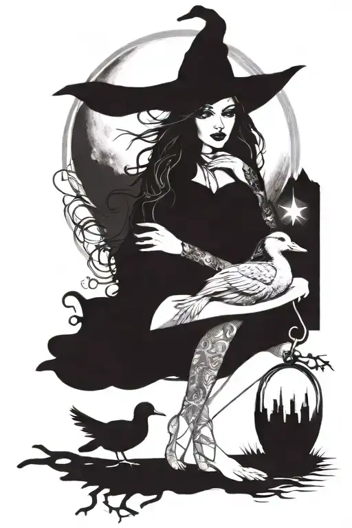 sexy witch with moon behind holding a duck   tattoo design idea