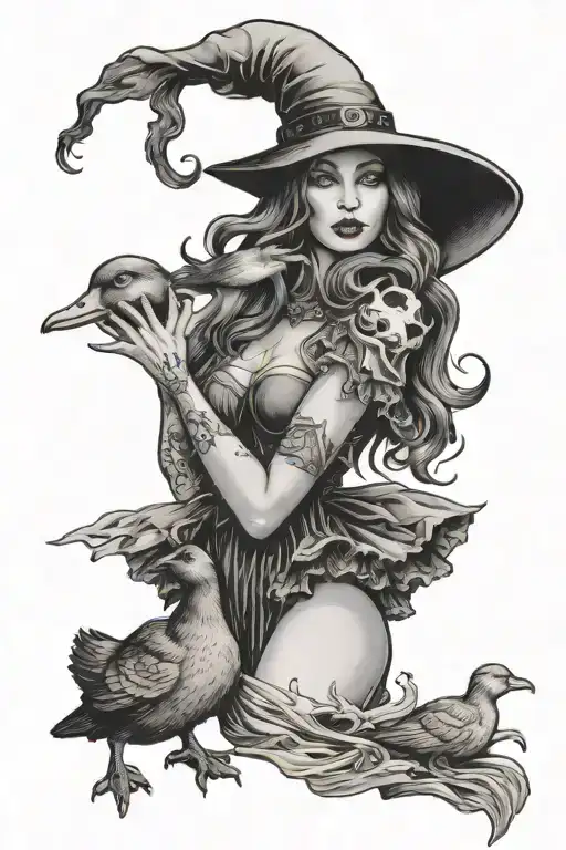 sexy witch holding a duck tattoo design idea
