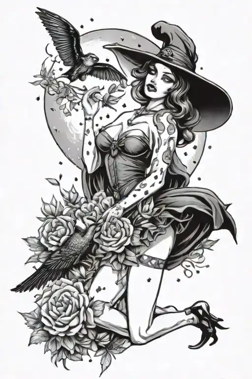 witchy pin up girl holding a duck moon behind wild flowers crystals and a bat tattoo design idea