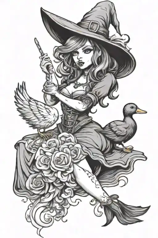 sexy witch casting spells holding a duck  tattoo design idea