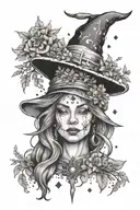 witch with burning sage bundle and crystals and wild flowers tattoo design idea