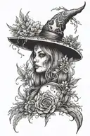 witch with burning sage bundle and crystals and wild flowers tattoo design idea