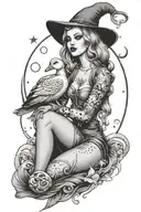 witchy pin up holding a duck moon behind  tattoo design idea