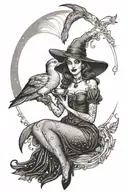 witchy pin up holding a duck moon behind  tattoo design idea