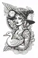 witchy pin up holding a duck moon surrounded tattoo design idea