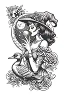 witchy pin up holding a duck moon surrounded tattoo design idea