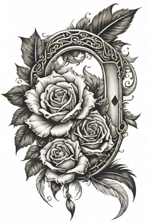 horseshoe roses feathers tattoo design idea