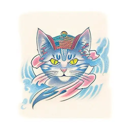 Traditional Japanese-style tattoo featuring a cat and iconic anime symbols tattoo design idea