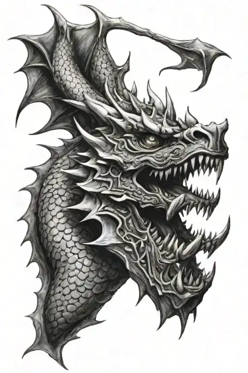 a sketch of a black dragon tattoo, namely its upper part (muzzle, neck, chest, possibly wings) on the arm in realism sty tattoo design idea
