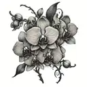 large Orchids with flowing vines and dark stipple shading. masculine  tattoo design idea