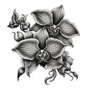 large Orchids with flowing vines and dark stipple shading. masculine  tattoo design idea