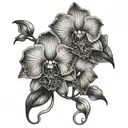 large Orchids with flowing vines and dark stipple shading. masculine  tattoo design idea