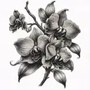 large Orchids with flowing vines and dark stipple shading. masculine  tattoo design idea