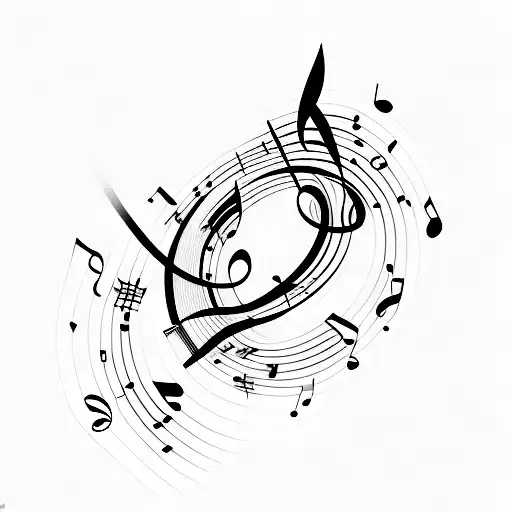 A flowing river of changing musical notes with the quote 'A Única constante é a mudança' in elegant typography tattoo design idea