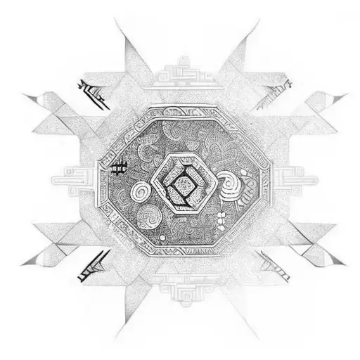 chinese taoism symbols, geometric patterns, across both shoulders and over collar bones, lots of little knives tattoo design idea