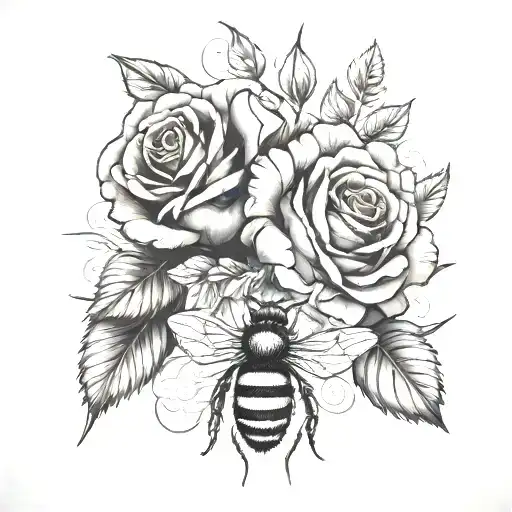 rose and bee and dog paw tattoo design idea
