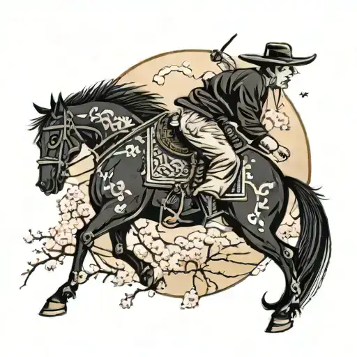 chinese farmer with farmers hat on a black horse, crescent moon and cherry blossom trees in background all in black and  tattoo design idea